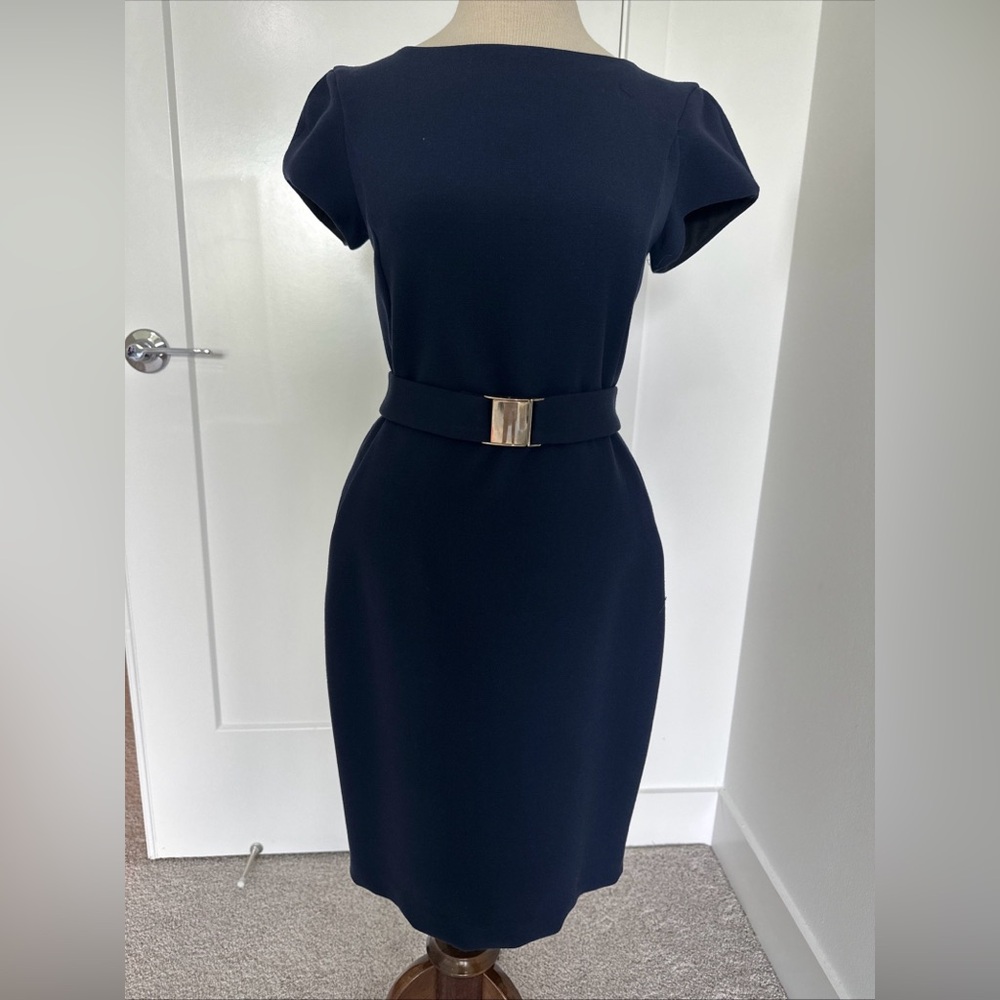 Zara Navy Blue Midi Dress with Gold Buckle